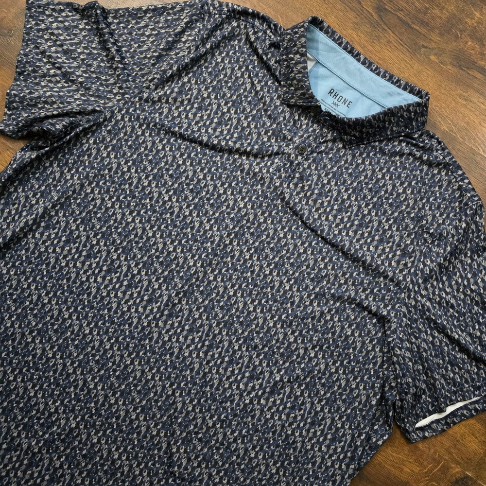 Rhone Mens XXL Performance Polo Shirt Navy Blue Grey Abstract Print Golf Top